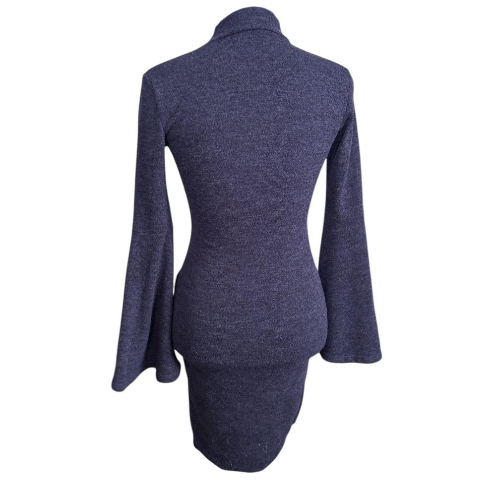 Vijo Couture Navy Mock Neck Bodycon Sweater Mini Dress With Bell Sleeves, Small - Picture 3 of 5
